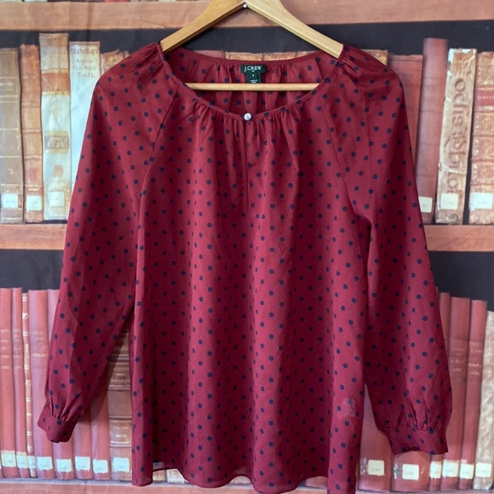 J. Crew Size S Burgundy Polka Dot Sheer Blouse Peasant Top Long Sleeve